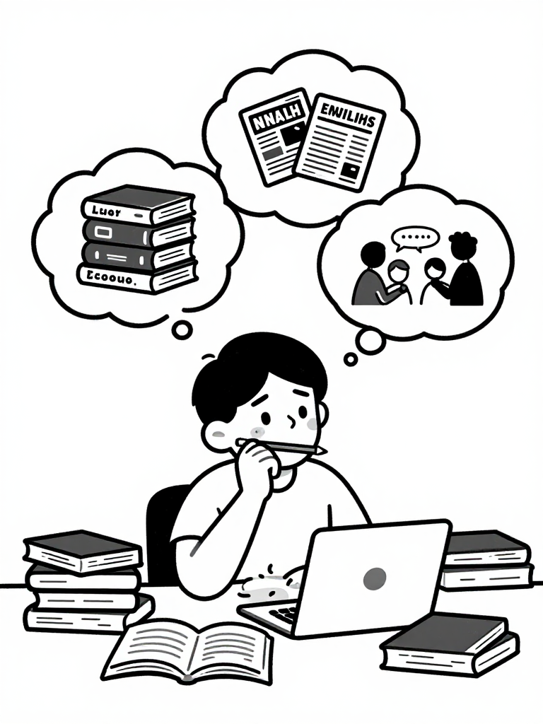 교재와 단어책에 둘러싸여 힘들어하는 남성의 일러스트