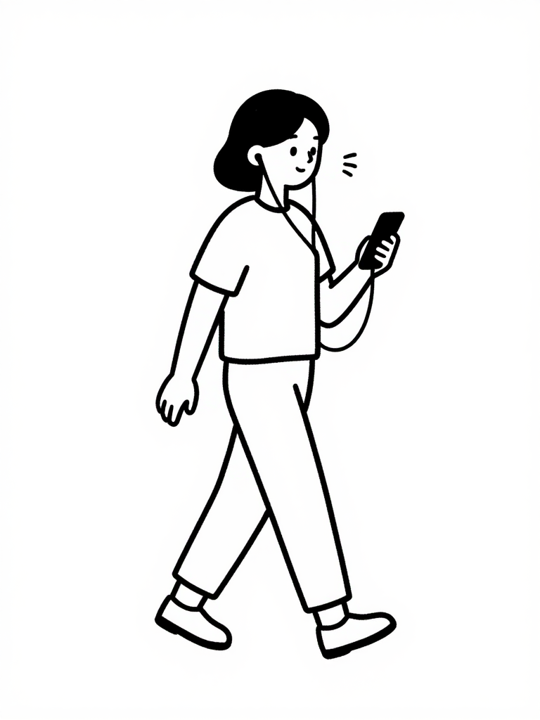 이어폰을 끼고 산책하며 영어 오디오를 듣는 사람